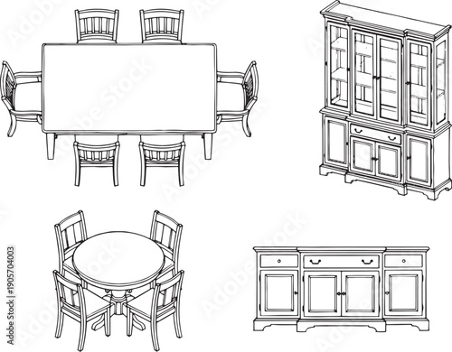 Elegant furniture collection illustration, showcasing a dining room interior with a detailed outline. 