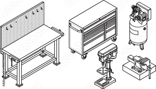 A comprehensive collection of workshop tools and equipment, essential for crafting and construction, is arranged neatly. This image captures the essence of a well-equipped workshop.