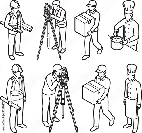A line art showcasing construction workers, surveyors, delivery workers, and chefs engaged in their respective jobs in a vector art illustration.