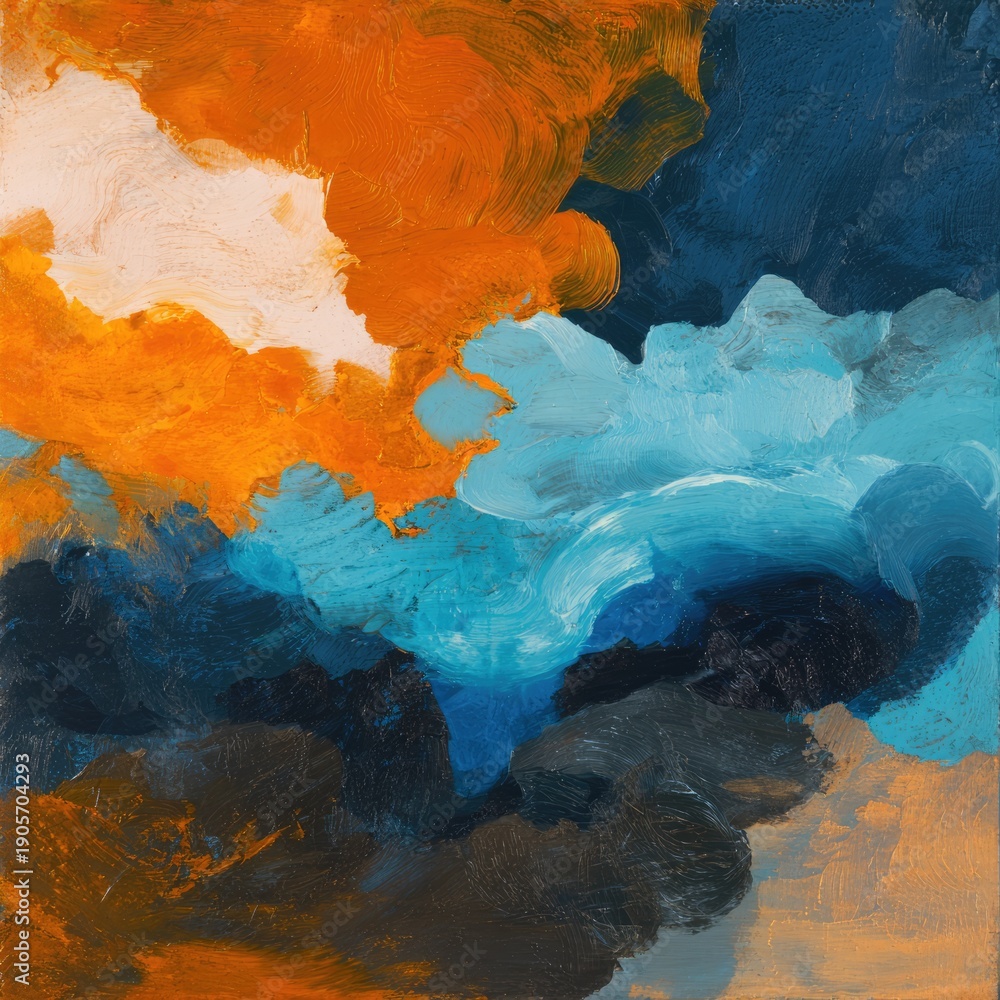 Naklejka premium Abstract textured painting with bold orange and blue brush strokes