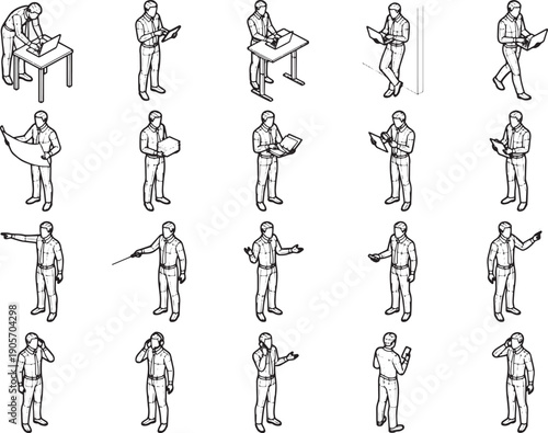 An array of diverse poses of a man is depicted in a line drawing, each showcasing a unique action or interaction. The monochrome artistic style focuses on clarity, and precision in rendering.
