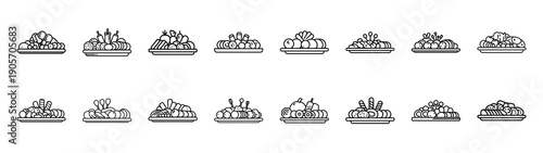 Collection of festive food platter different kitchen outlines silhouette icon set.