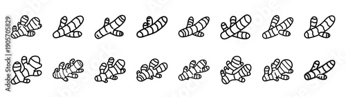 Collection of ginger root different kitchen outlines silhouette icon set.