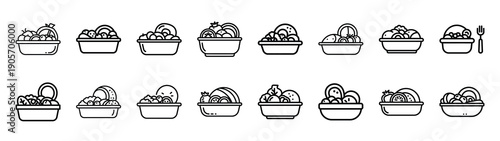 Collection of healthy meal different kitchen outlines silhouette icon set.