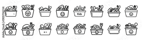 Collection of kids meal different kitchen outlines silhouette icon set.
