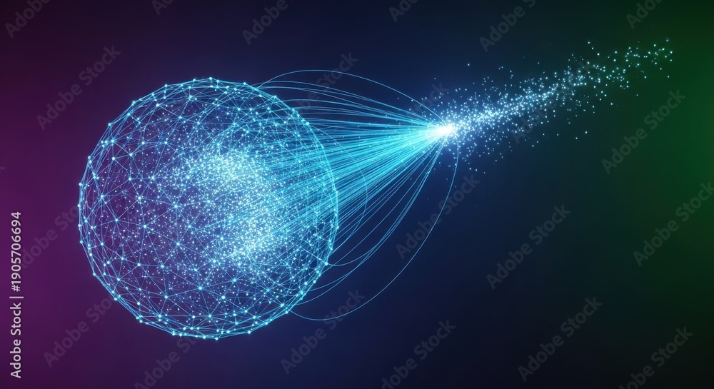 Obraz premium Global Data Network Sphere Transmitting High-Speed Fiber Optic Data Stream, Conceptualizing Big Data, AI Connectivity, and Futuristic Technology Solutions.