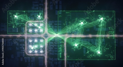 Digital Network Visualization Mapping Data Flow over a Smart City Grid, highlighting Future Urban Planning and AI Connectivity.