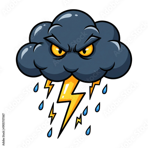 Angry Cartoon Storm Cloud Mascot Character with Grumpy Face Yellow Glowing Eyes Lightning Bolt and Raindrops for Weather Forecast and Comic Design