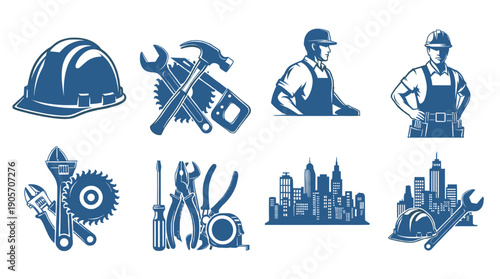 Construction Industry Icon Set Depicting Labor and Building Work in Blue Vector