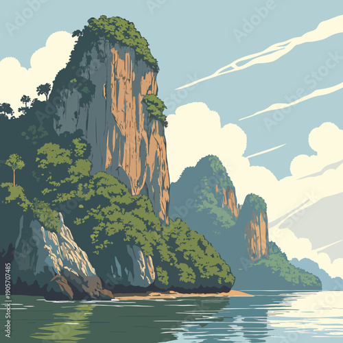 Exotic island seascape with rock towers and smooth water 1