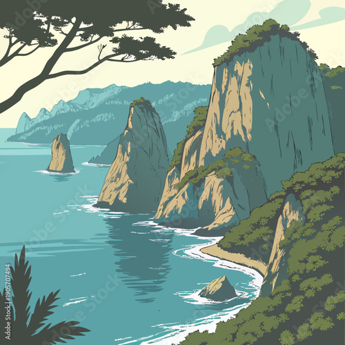 Exotic island seascape with rock towers and smooth water