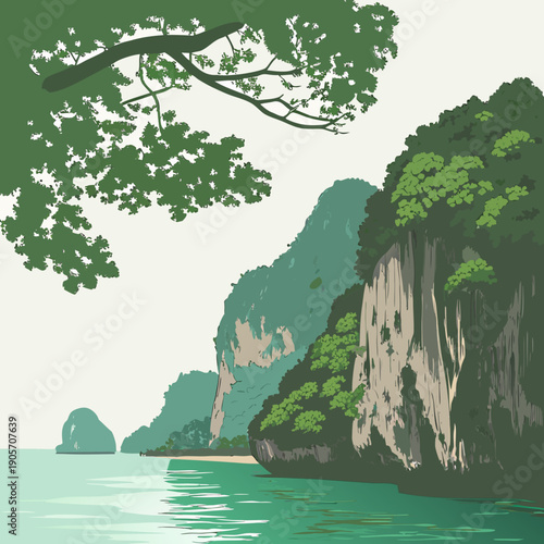 Limestone island seascape with greenery and open water 1