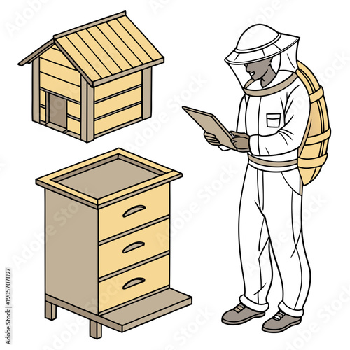 Beekeeper in protective suit with beehive and smoker on clean white background