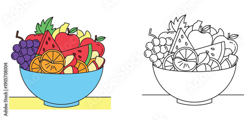 Fruit salad bowl vector illustration set with colorful and black and white outline styles for coloring book page, healthy fresh food sketch