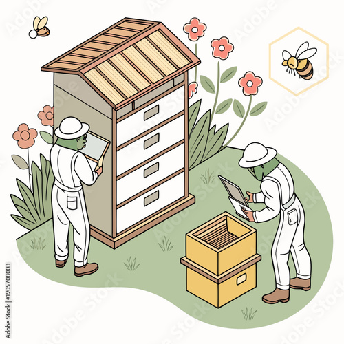 Beekeepers inspecting beehive with laptop and clipboard in garden