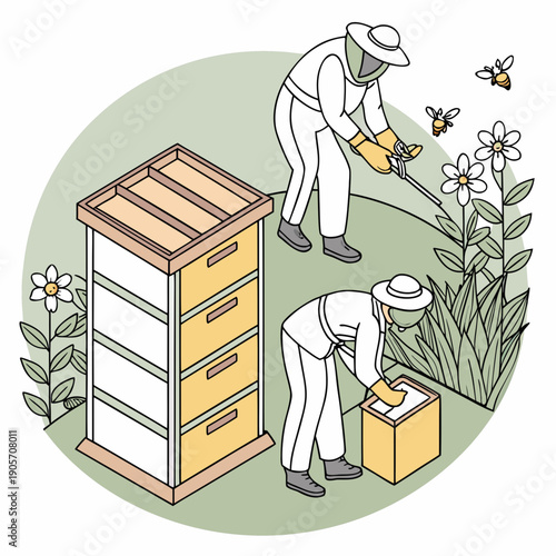 Beekeepers inspecting hive boxes and spraying bees
