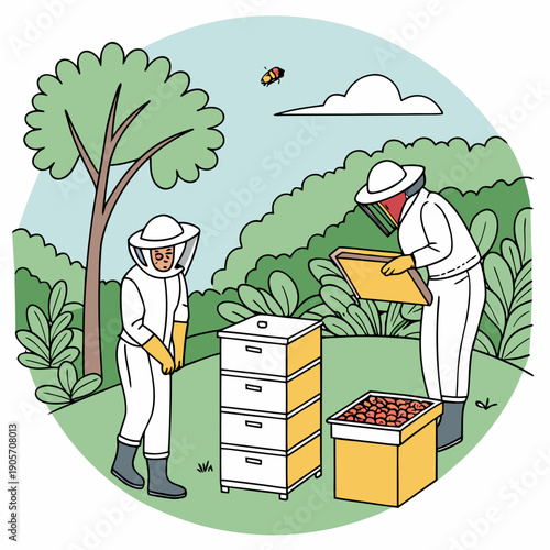 Beekeepers in white suits inspecting hive boxes outdoors