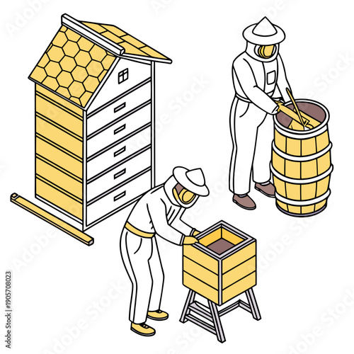 Beekeepers working with honey beehive and barrel on clean white background