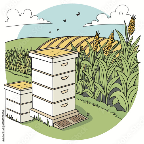 Beekeeping boxes in a field with corn and flying bees
