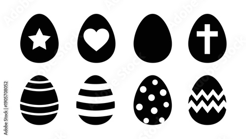 Black and White Easter Eggs with Cross Cracks Dots Heart Star and Stripes Vector