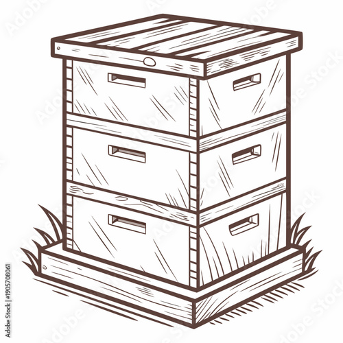 Brown of stacked beekeeping boxes on white background