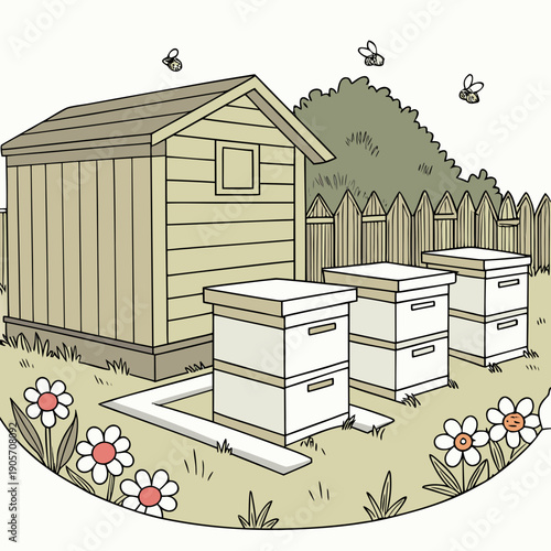 Clean realistic of honey apiary beehives shed fence