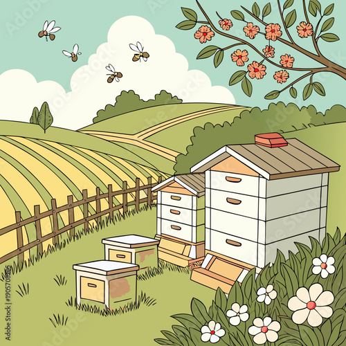 Rural apiary with beehives and flying bees in green landscape