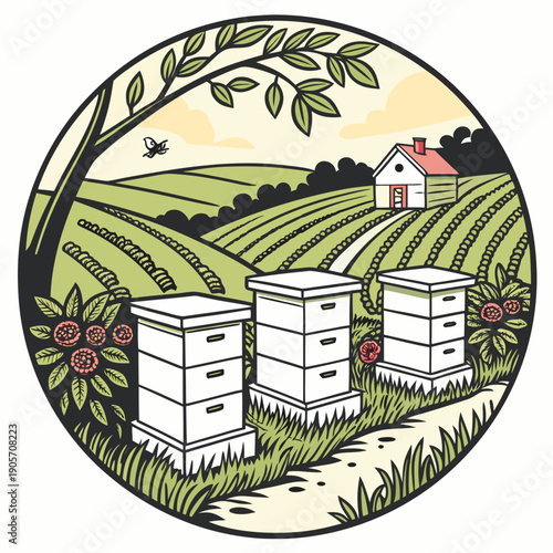 White beehives in green field with house and tree apiary