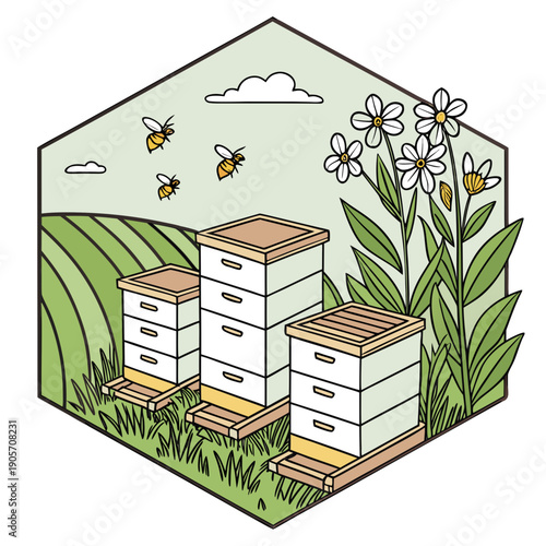 White beehives on grass with flowers and flying bees