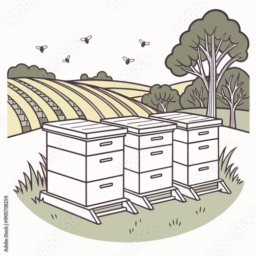 White beehives on grass with trees and flying bees