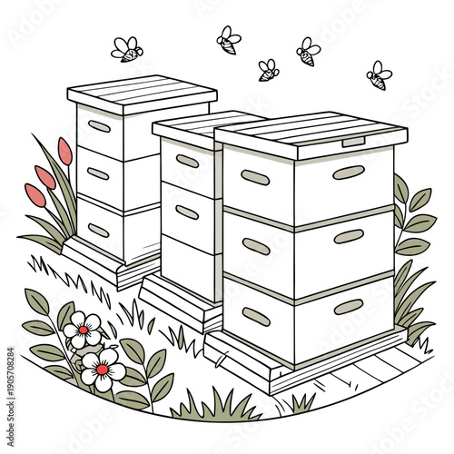 White wooden stacked apiary boxes with bees flying around