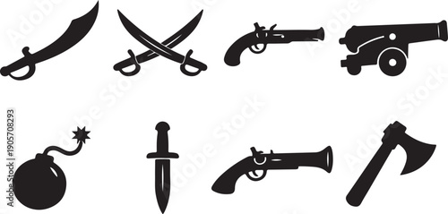 Vintage Pirate Weapon Icons Vector Set: Collection of Black Silhouettes Including Crossed Sabers, Flintlock Pistols, Cannon, Bomb, and Dagger for Adventure and History Themes.