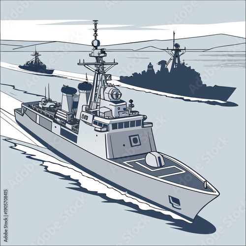 Naval fleet ships sailing in formation on water boats