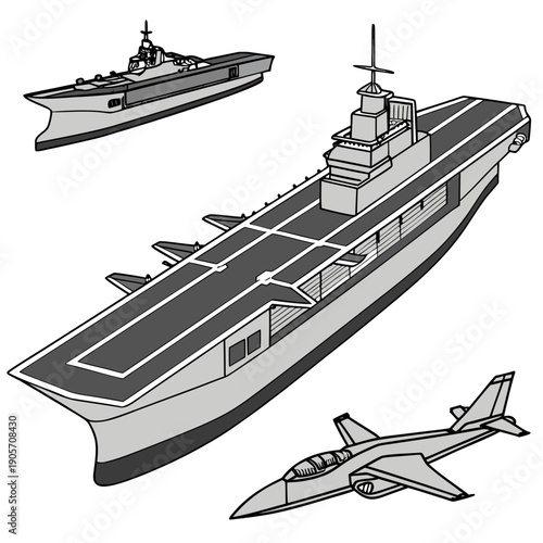 Navy aircraft carrier with fighter jet and destroyer ship