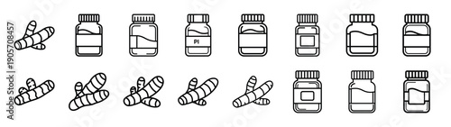 Collection of turmeric root different kitchen outlines silhouette icon set.