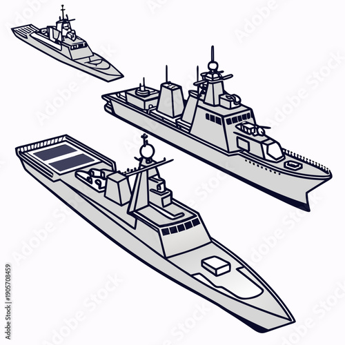 Of three naval ships on clean white background boats