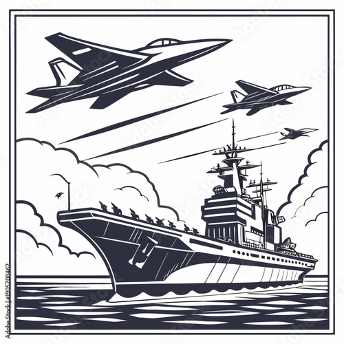 Navy aircraft carrier with fighter jets flying overhead