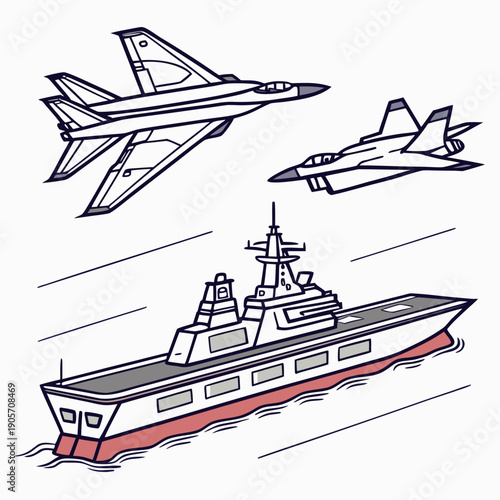 Of warship and fighter jets in motion naval military
