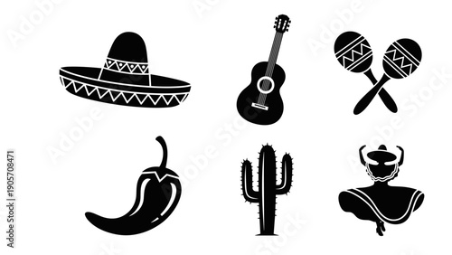 Black and White Mexican Culture Icons on White Background Festive and Celebratory