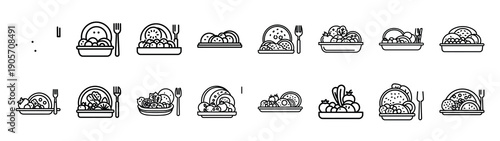Collection of vegan meal different kitchen outlines silhouette icon set.