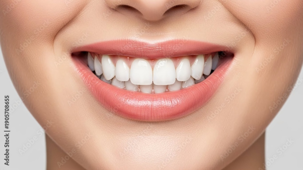 Obraz premium Woman with perfect white teeth smiling widely. Close-up on healthy mouth and bright smile. Dentistry, cosmetic dental hygiene, and wellness concept.