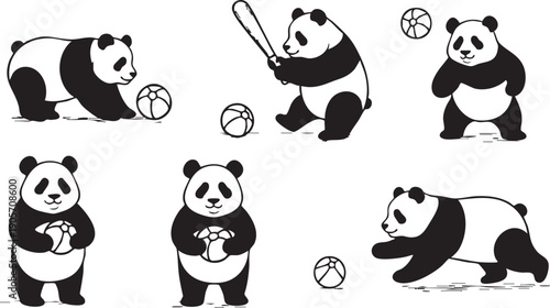 Adobe Illustrator Artwork. Adorable panda family playing together with a colorful ball line art scene silhouette