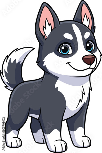 Cute cartoon husky puppy illustration with blue eyes and fluffy tail isolated on white background, adorable siberian husky dog character vector for kids design
