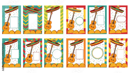Festive Mexican Party Labels with Guitar Sombrero and Tacos for Celebration
