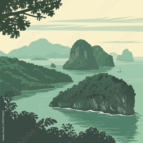 Emerald sea with limestone islands and distant horizon 1