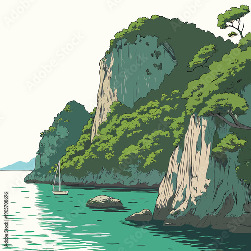 Limestone cliffs rising from turquoise sea with sailboat