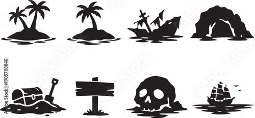 Comprehensive Set of Pirate and Treasure Hunting Icons Vector Silhouette Collection: Featuring Tropical Islands, Skull, Sunken Shipwreck, Chest, Wooden Sign, and Galleon for Adventure Graphics Design.