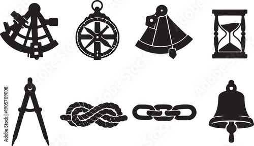 Vintage Nautical Navigation and Measurement Icons Set: Sextant, Compass, Hourglass, Rope Knot, and Ship Bell Silhouettes for Maritime History, Exploration, and Old Map Designs Vector Collection.