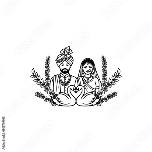 High-quality vector illustration of a traditional Indian wedding couple in ethnic attire. Perfect for Hindu wedding invitations, marriage cards, and cultural event posters.