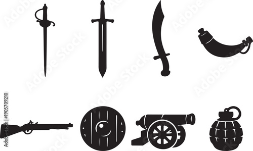 Vintage War Icons Set: Swords, Rapier, Scimitar, Musket, Cannon, Shield, Grenade, and Powder Horn Silhouettes. Historical Military Vector Graphics Collection.
